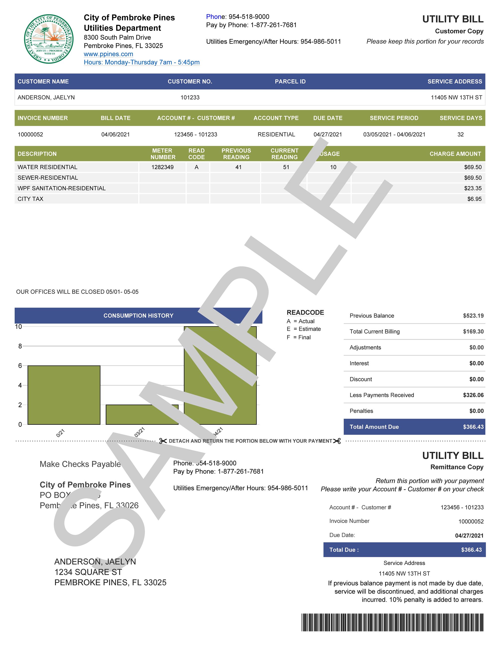 Sample of New Pembroke Pines Utility Bill 